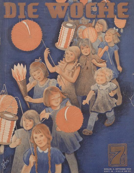 Titelbild der *Die Woche* Zeitschrift mit Kindern in traditioneller deutscher Tracht, die buntfarbige Laternen halten und den 7. September 1934 feiern.
