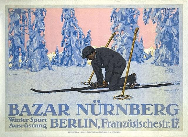 Plakat für den Bazar Nürnberg Winter Sport in Berlin, Deutschland, mit einer Person beim Skifahren im Hintergrund und Textdetails.