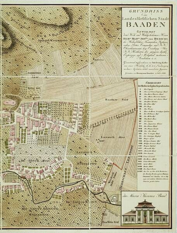 Ausführliche alte Karte von Baden-Württemberg, Deutschland, mit einem Gebäude in der rechten unteren Ecke, die Straßen, Gebäude und andere Merkmale zeigt, begleitet von Text mit zusätzlichen Stadtinformationen.