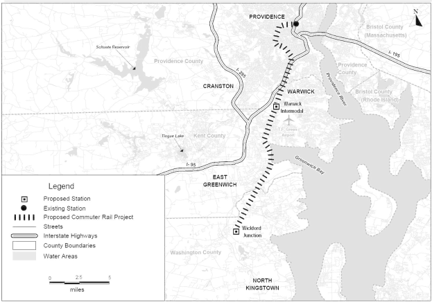 Schwarze und weiße Karte einer Stadt mit einem Fluss, beschriftet mit "Vorgeschlagenes S-Bahn-Projekt" auf der linken Seite.