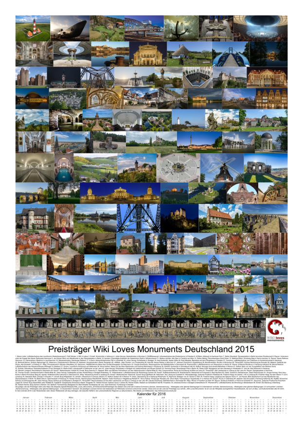 Kalender mit dem Titel "Preisträger Wiki Loves Monuments Deutschland 2015" zeigt eine Collage deutscher Denkmäler aus dem Jahr 2015.
