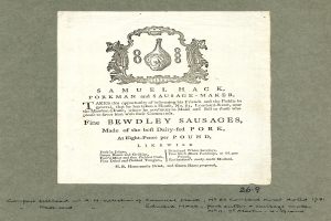 Zeitung mit gedrucktem Text und einer Illustration, die "Samuel Hack, Schweinefleischmann und Wursthersteller, Feine Bewdley Würste" zeigt.