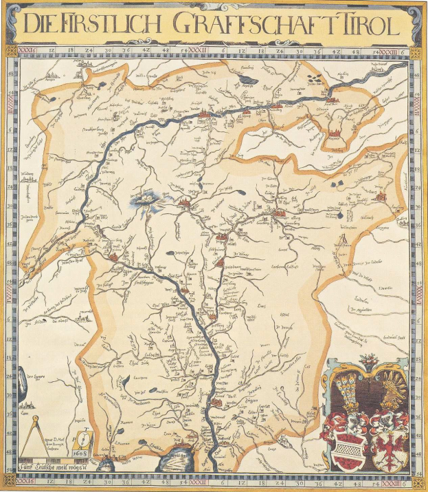 Detailreiches historisches Plakat der ersten Grafschaft Tirol, das eine Karte mit geografischen Merkmalen, Städten und begleitendem Text zeigt.