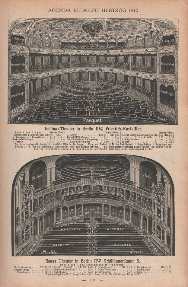 Eine alte Buchseite mit einer Zeichnung eines großen Auditoriums in Berlin, Deutschland aus dem Jahr 1912, begleitet von Text, der das Layout des Theaters beschreibt.
