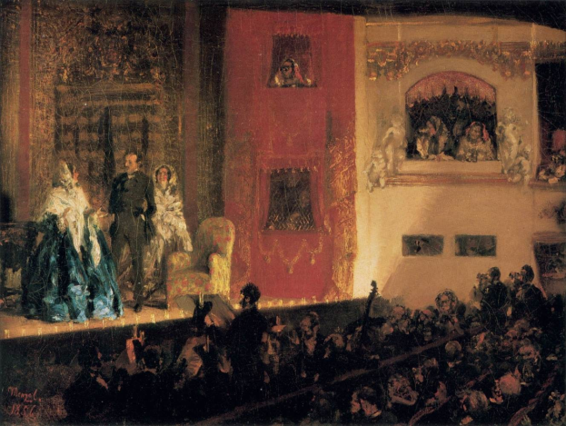 Gemälde namens 'Die Oper' (1856), das eine Gruppe auf der Bühne mit Instrumenten und sitzenden Figuren zeigt, während das Publikum im Vordergrund zusieht.