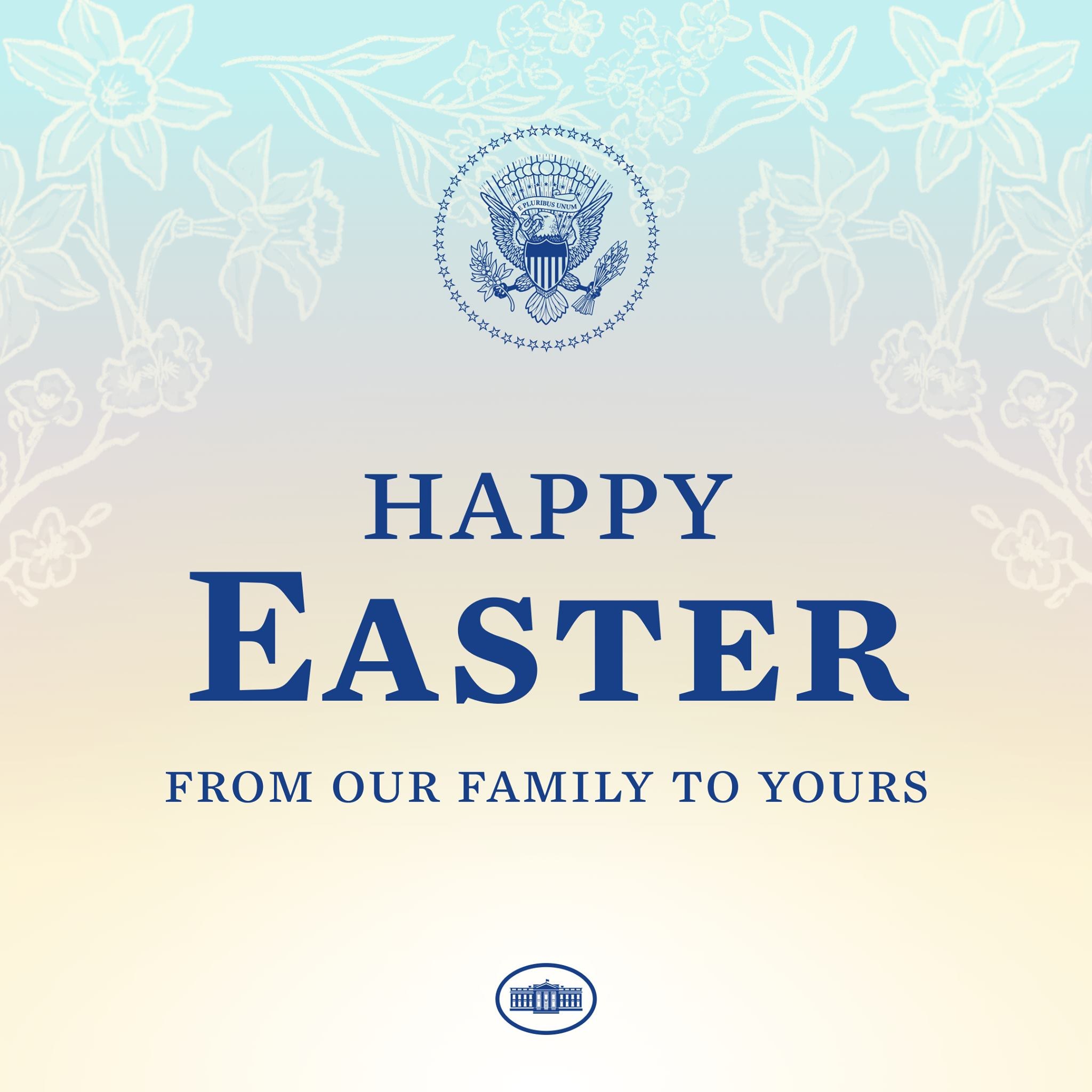 Plakat mit "Frohe Ostern von unserer Familie für die Ihre" in festlicher Schrift, Logo des US-Ministeriums für Innere Sicherheit und farbenfrohe Osterdekorationen einschließlich Eiern und Hasen.