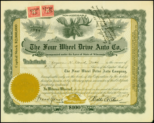 Rahmt vierrädriger Geländewagen-Auto-Aktienzertifikat mit Goldsiegel, Text, Zahlen und mehrfarbigen Stempeln.
