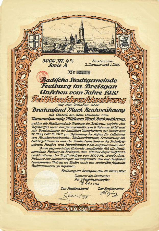 Altes deutsches Aktienzertifikat mit einer Abbildung einer Stadt und Text, der den Ursprung angibt.