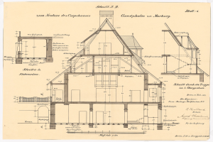 Ein detailliertes architektonisches Zeichnung eines Hauses mit zahlreichen Fenstern und einem Dach, das als erstes Haus in Deutschland gilt, begleitet von Bauplänen und Text auf Papier.