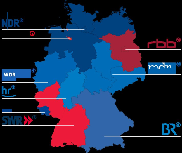 Eine Deutschlandkarte mit in rot und blau hervorgehobenen Bundesländern, die die Ergebnisse der Wahl von 2016 zeigen, einschließlich der Namen der Kandidaten und weiterer Einzelheiten zum Wahltermin.