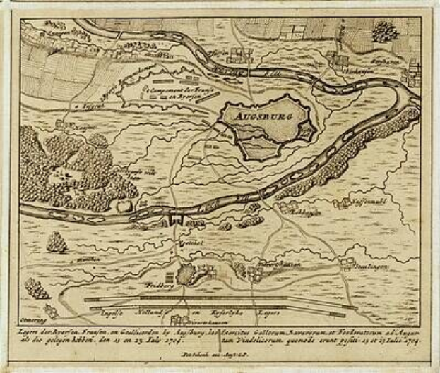 Detailierte alte Karte von Augsburg, Deutschland, mit Text oben und unten, die Straßen, Gebäude und andere Merkmale zeigt.