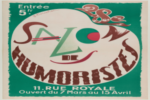 Ein Plakat, das eine Humoristenveranstaltung in Paris, Frankreich, ankündigt, mit Text, der die Angebote der Veranstaltung beschreibt.