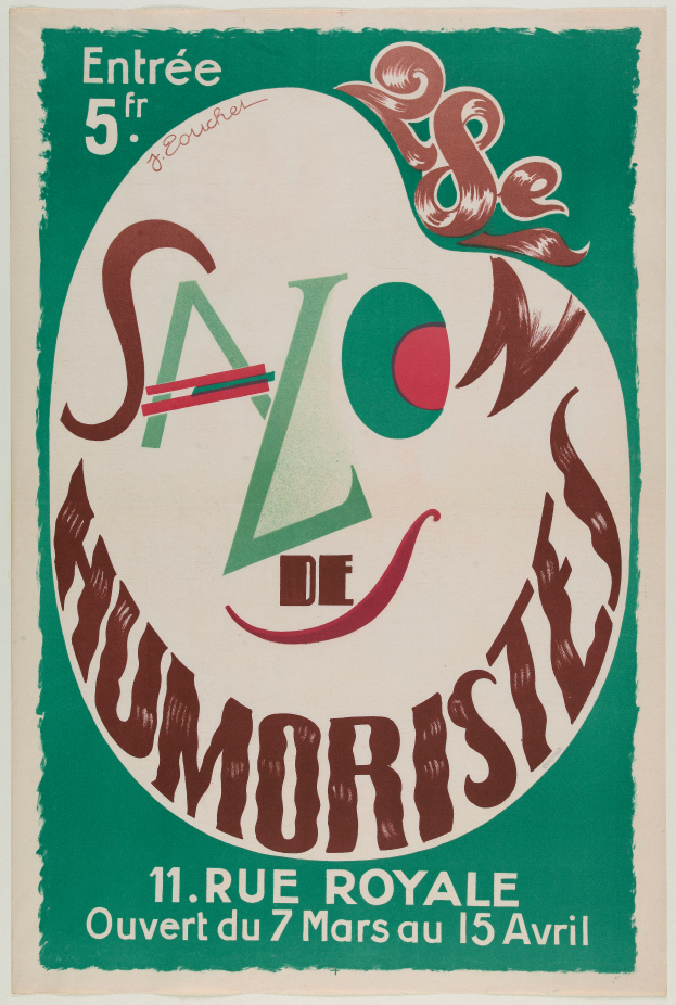 Ein Plakat, das eine Humoristenveranstaltung in Paris, Frankreich, ankündigt, mit Text, der die Angebote der Veranstaltung beschreibt.