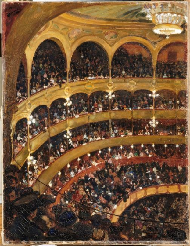 Gemälde mit dem Titel "Das Konzertgebäude" (1892), das einen großen Auditorium mit Menschen zeigt, beleuchtet von Kronleuchtern und eingerahmt von Geländern und Säulen.