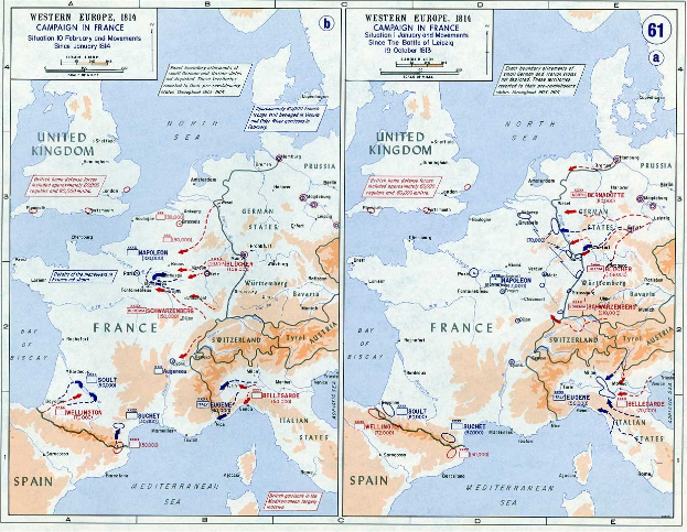 Eine historische Karte von Europa während der Schlacht von Leipzig, unterteilt in Abschnitte für Europa und Frankreich, mit beschrifteten Regionen, Städten und geografischen Merkmalen, begleitet von erklärendem Text.
