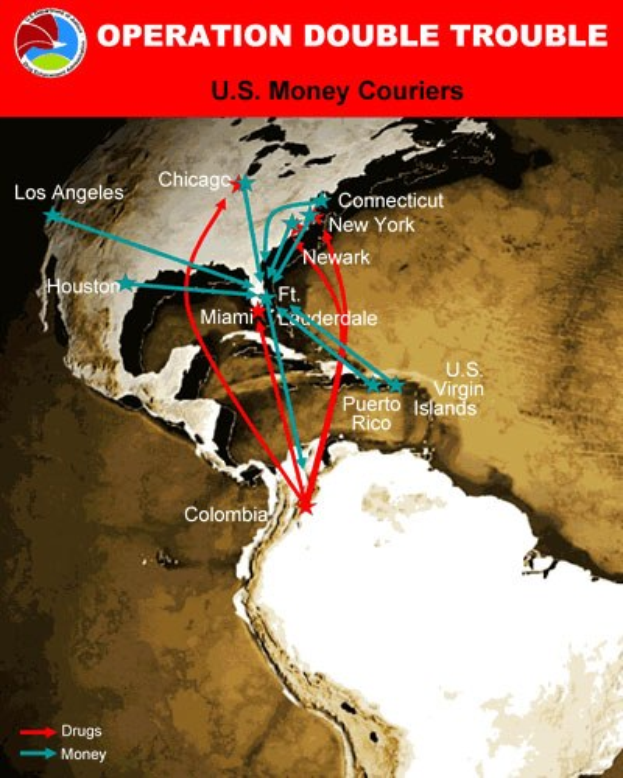 Plakat mit der Aufschrift "Operation Double Trouble: US-Geldboten" mit einer Karte der USA, die in zwei Abschnitte unterteilt ist, einer für die Geldbotenrouten und einer für die Standorte der Geldboten, mit fetter schwarzer Schrift auf einem weißen Rand.