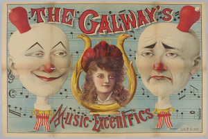 Ein Plakat für die Galway Music Excentrics mit einer Frau in der Mitte und einem Clown auf jeder Seite, mit Text, der den Zirkus und seine Künstler beschreibt.