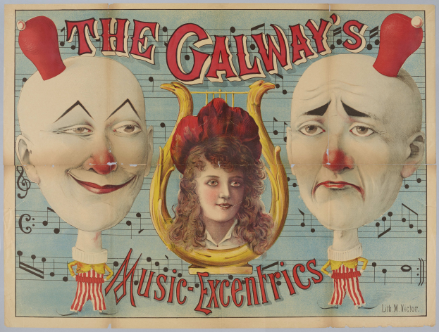 Ein Plakat für die Galway Music Excentrics mit einer Frau in der Mitte und einem Clown auf jeder Seite, mit Text, der den Zirkus und seine Künstler beschreibt.
