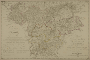 Ein detailliertes altes Stadtplan von Tirol, Deutschland, zeigt Städte, Ortschaften, geografische Merkmale und Text mit Informationen über Bevölkerung, Straßen und Sehenswürdigkeiten.