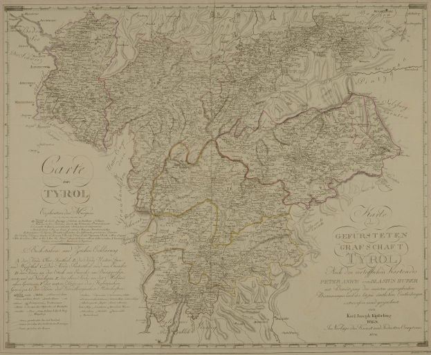 Ein detailliertes altes Stadtplan von Tirol, Deutschland, zeigt Städte, Ortschaften, geografische Merkmale und Text mit Informationen über Bevölkerung, Straßen und Sehenswürdigkeiten.