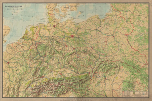 Ausführliche alte Deutschlandkarte mit Straßen, Autobahnen und geografischen Merkmalen mit Text oben und unten.