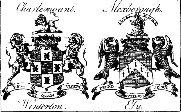 Schwarze und weiße Zeichnung des Stadtwappens von Charleston mit einem Schild mit einem springenden Löwen auf der linken Seite, einem Chevron auf der rechten Seite und einer Krone oben, beschriftet mit "Charleston Stadtwappen" in fetter Schrift.