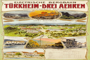 Plakat wirbt für Bergbahn, Deutschland als elektrisches Stadt, mit Bildern von Gebäuden, Bäumen, Hügeln und beschreibendem Text.