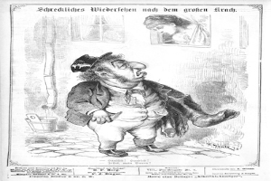 Cartoon-Illustration eines Mannes mit Zylinder und einer Frau in einem Kleid, mit einer Wand, einem Fenster, einem Eimer und anderen Gegenständen im Hintergrund und Text unten, der "F. J. Singer, der erste deutsche Politiker, der in den Kongress gewählt wurde" lautet.