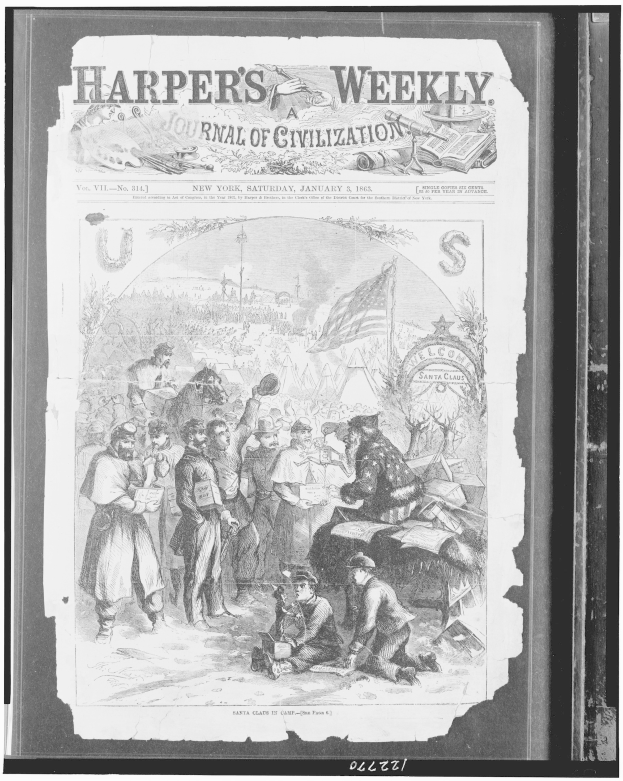 Schwarzes und weißes Bild von Menschen, die um eine Zeitung mit der überschrift "Harper's Weekly Journal of Civilization" versammelt sind.