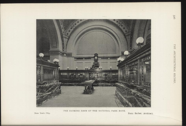 Schwarzes und weißes Foto des Bankettsaals der National Park Bank in New York City, mit Tischen, Lampen, einer Uhr an der Wand und Text am unteren Rand.