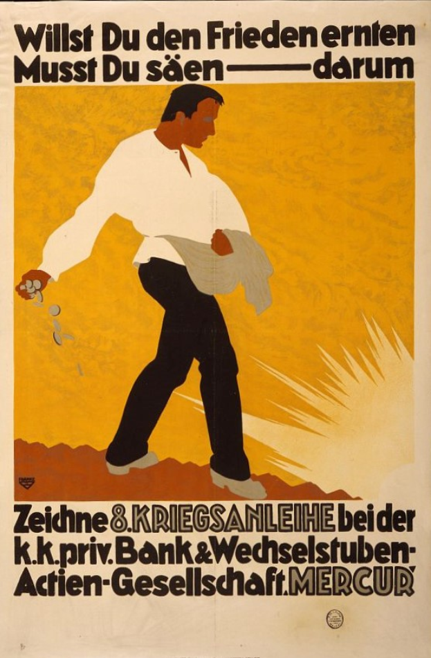 Ein deutsches Propagandaplakat für die Deutsche Bank, das einen Mann in einem weißen Hemd und schwarzen Hosen zeigt, mit Texten, die Informationen über die Bank und ihre Dienstleistungen enthalten.