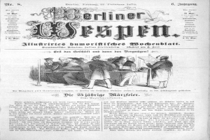 Eine alte Zeitung namens "Berliner Wespen" vom 21. Februar 1873, die eine Gruppe von Menschen in traditioneller deutscher Kleidung zeigt, die sich unterhalten.