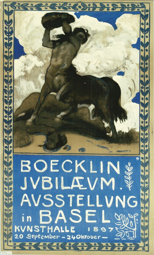 Plakatankündigung für ein Konzert in Basel, Schweiz, mit einer Illustration einer Person und eines Pferdes und Text mit Veranstaltungseinzelheiten.