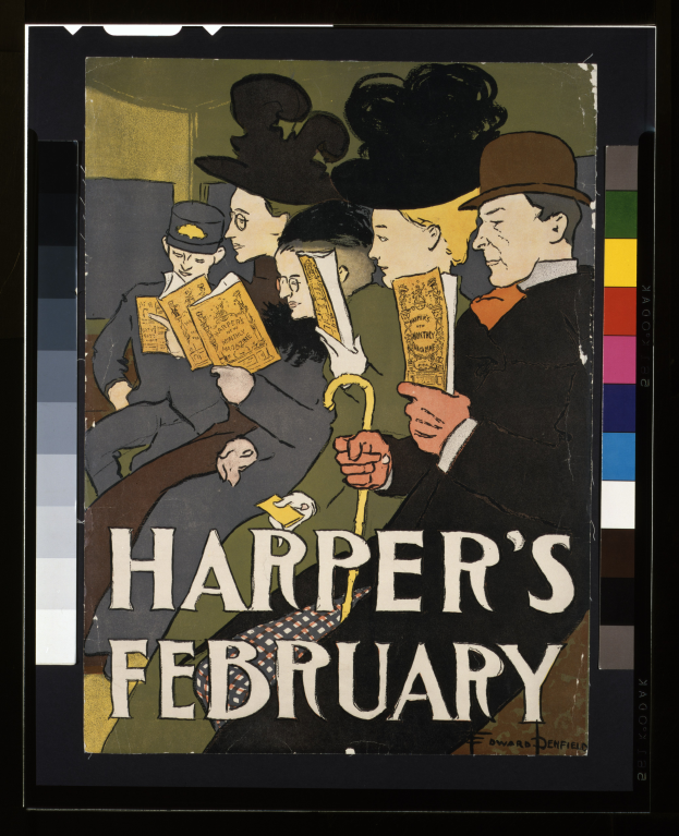 Ein Plakat für Harper's Februar mit einer Gruppe von Menschen, die sitzen und Bücher halten, sowie einem Text, der das Ereignis beschreibt.
