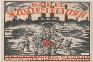 Deutsches Propagandaplakat für die Nationalsozialistische Deutsche Arbeiterpartei, das eine Gruppe von Menschen und Fahrzeugen im Vordergrund zeigt, mit einem Gebäude im Hintergrund, mit der Aufschrift "Wahlet Sozialdemokratisch - der Wiederaufbau wie die Kapitalisten haben möchten".