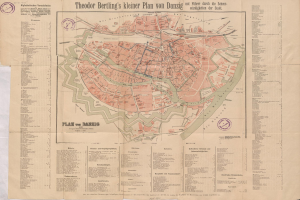 Ein detaillierter alter Stadtplan von Berlin auf Papier, der Stra├čen, Geb├Ąude und Sehensw├╝rdigkeiten zeigt, mit zus├Ątzlichem Text.