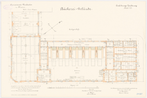 Schwarz-weißer Architekturgrundriss des Reichstagsgebäudes in Berlin, Deutschland, mit beschrifteten Räumen, Fluren, Fenstern und Türen.