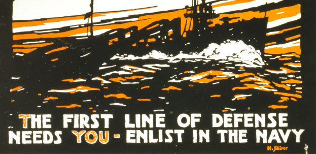 Plakat mit fettem schwarzem Text "Die erste Verteidigungslinie braucht Sie - Melden Sie sich bei der Navy" auf einem weißen Hintergrund, umrandet von einem marineblauen Rand, mit einer Silhouette eines Navy-Schiffs im Hintergrund.