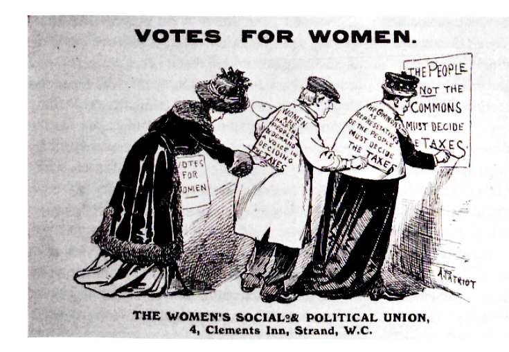Drei Frauen in traditioneller Kleidung halten ein Papier mit der Aufschrift "Votes for Women: The Women's Social & Political Union" gegen einen hellblauen Himmel mit weißen Wolken, ihre entschlossenen Gesichter deuten auf die Unterstützung der Frauenwahlrechtsbewegung hin.