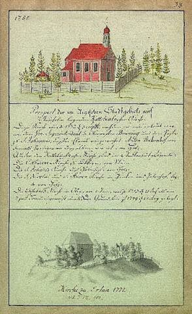 Ein altes Buch mit einer Abbildung eines roten Hauses, umgeben von Bäumen und einem Zaun, mit dem Text 'Deutsche Schule in den Niederlanden, 1777' auf der Seite.