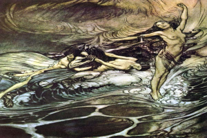 Gemälde namens "Die Meerjungfrauen" von Arthur Rackham zeigt eine Meerjungfrau in einem langen dunklen Kleid und eine Frau in einem smaragdgrünen Kleid, die in tiefblauen Ozeanwellen unter einer untergehenden Sonne schwimmen.