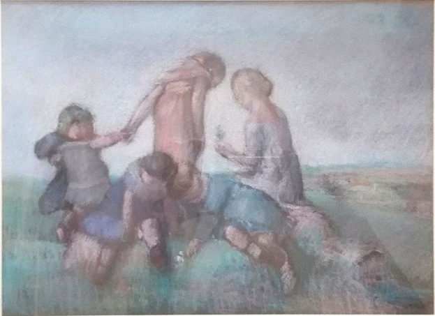 Malerei von Kindern, die auf einem Feld spielen, gerahmt, mit hellen, fröhlichen Farben und spielerischen Gesichtern.