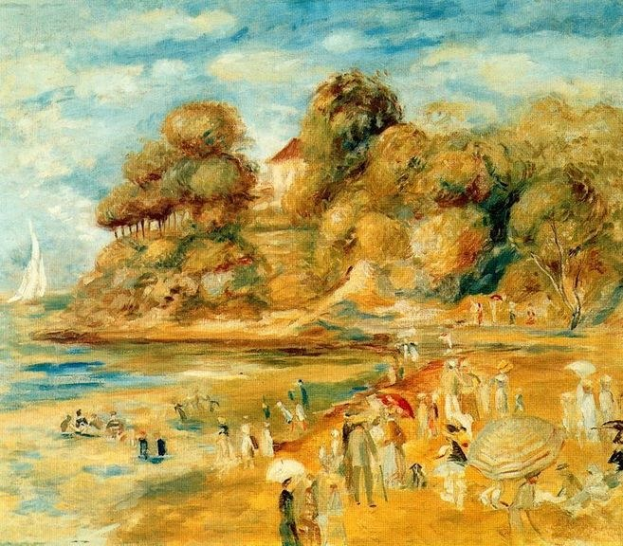 Bild von Menschen am Strand in Argenteuil von Pierre-Auguste Renoir, das eine friedliche Szene mit Menschen, die die Sonne und den Sand genießen, ein fernes Boot, Bäume, ein Haus im Vordergrund und einen Himmel mit weißen Wolken zeigt.