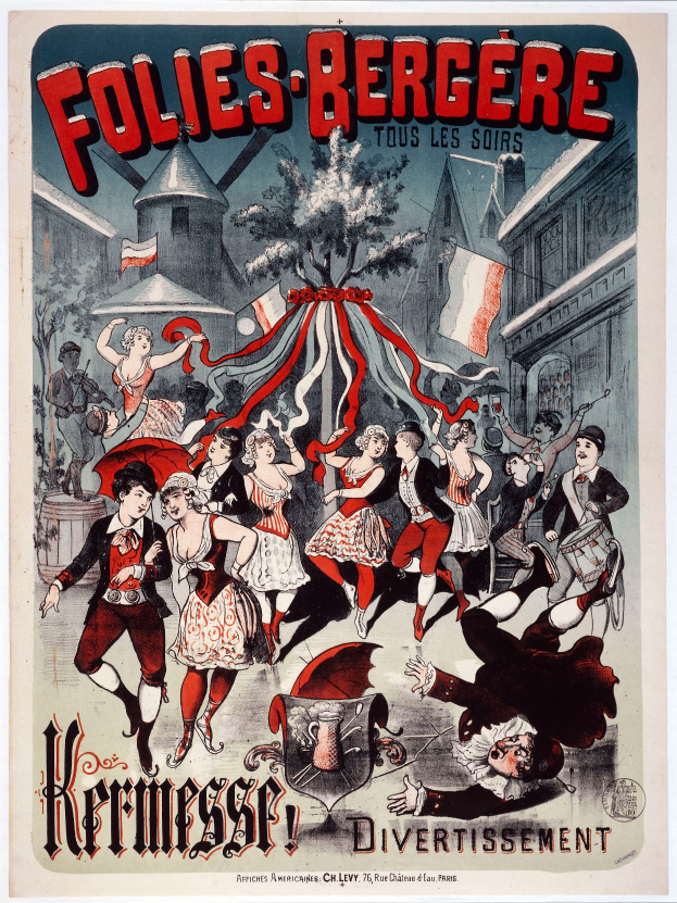 Ein Plakat für das Folies-Bergère-Festival in Paris, das eine Gruppe von Menschen im Vordergrund tanzen zeigt, mit Gebäuden, Flaggen und einem Baum im Hintergrund und französischem Text oben und unten.