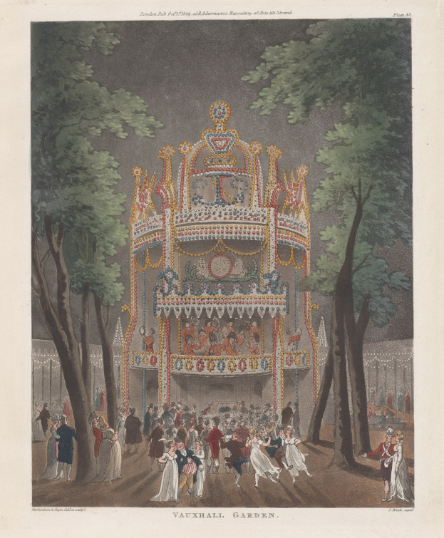 Gemälde eines Karussells in Vauxhall Gardens, London, umgeben von Bäumen und Menschen, mit dem Text "Vauxhall Gardens, London, 1775" unten.