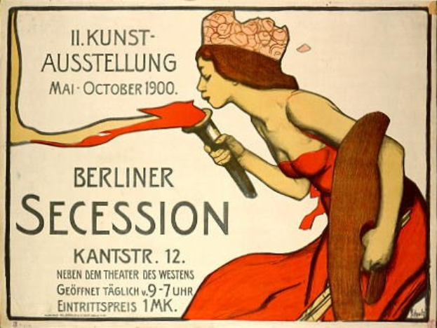 Plakat von der Berliner Secession 1900 mit einer Frau in rotem Kleid, die ein Objekt hält, mit Text zu den Veranstaltungsdetails.