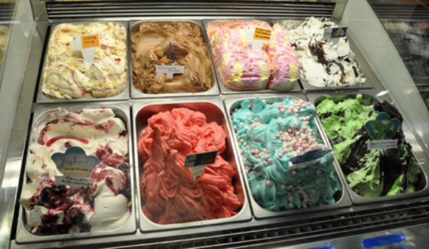 Verschiedene Eiscremesorten in Schalen mit Namensschild für jede Sorte.