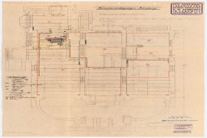 Ein detaillierter architektonischer Grundriss des Rosenhof-Krankenhauses in Hamburg, Deutschland, mit einem Gebäude mit zahlreichen Drähten und Text, der das Layout einschließlich Räumen, Fluren und anderen Merkmalen beschreibt.