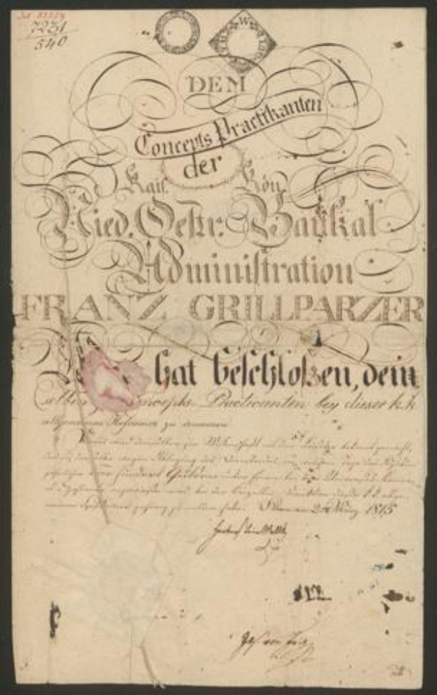 Ein altes Dokument mit schwarzem Hintergrund und einer pinken Blume, das Text aus einem Vertrag des Deutschen Reiches enthält.
