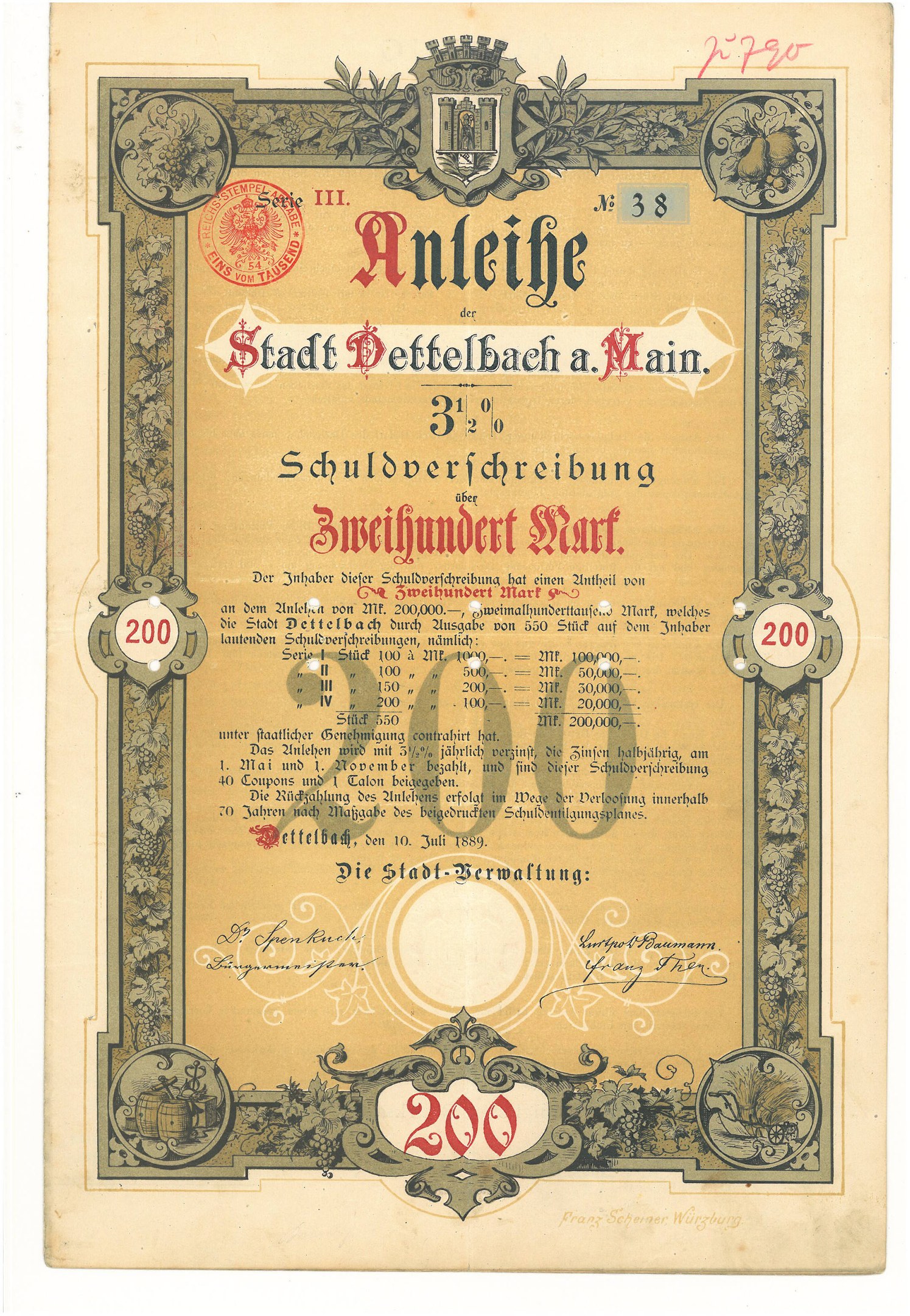 Altes deutsches Aktienzertifikat mit einem Mannsporträt, mit gedrucktem Text und numerischen Werten, die die Aktiendetails angeben.